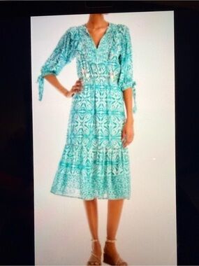 Aqua-Patterned Tie-Sleeve V-Neck Midi Dress